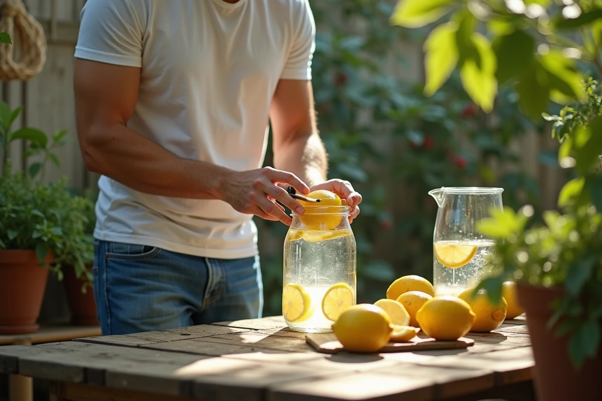 Jeune homme coupant des citrons sur une table extérieure