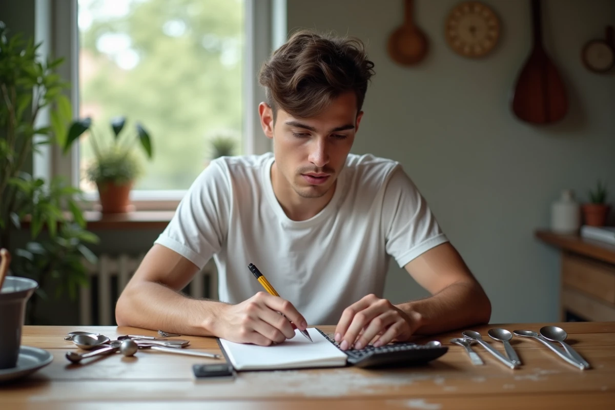 Jeune homme convertissant des mesures de cuisine au dining