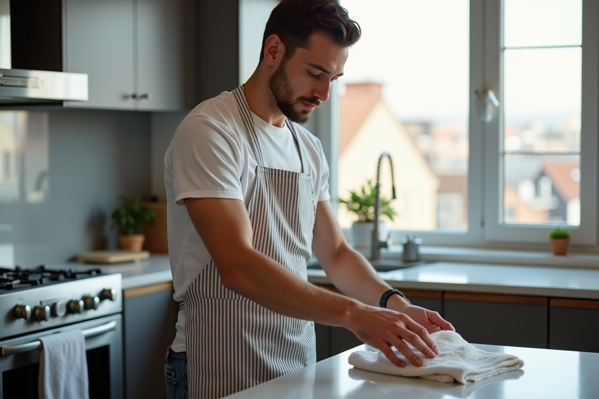 Jeune homme en tablier dans cuisine moderne en train de se sécher les mains