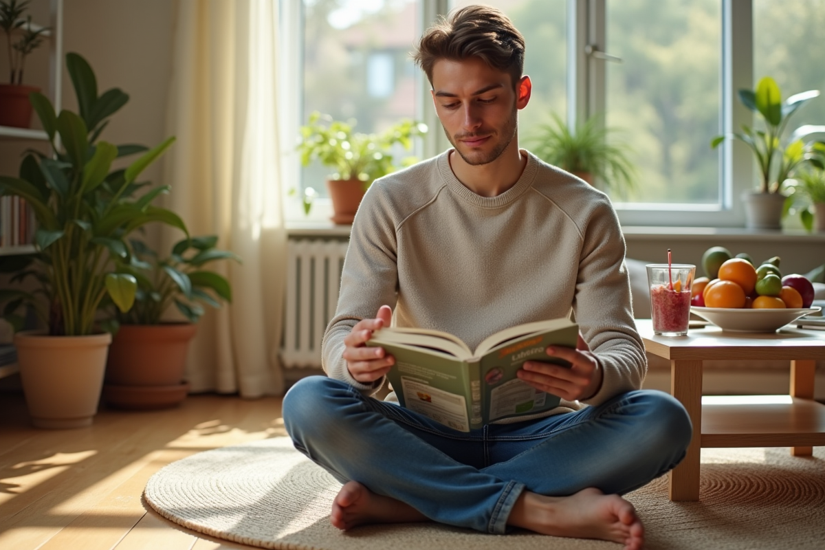 Jeune homme lisant un guide nutrition dans un salon ensoleille