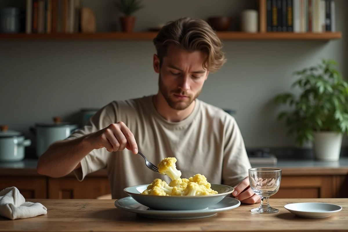 Jeune homme se servant du chou-fleur dans une ambiance chaleureuse