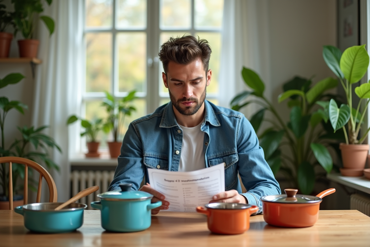 Jeune homme lisant des recommandations de sécurité avec des cocottes émaillées