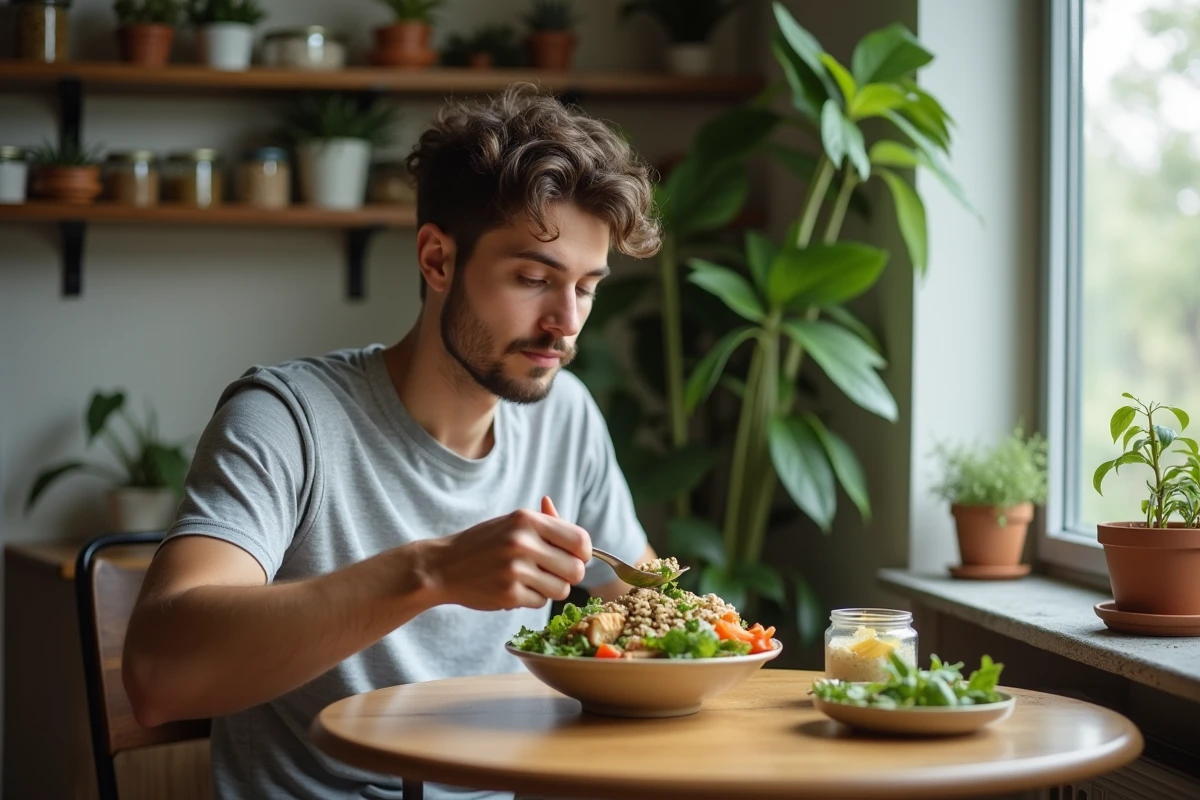 Jeune homme dégustant une salade dans un appartement cosy