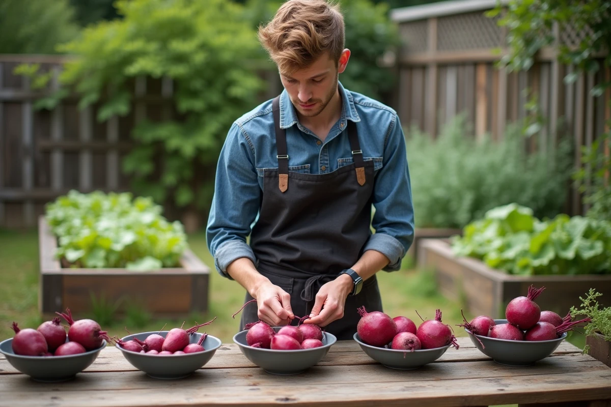 Jeune homme triant des betteraves dans le jardin