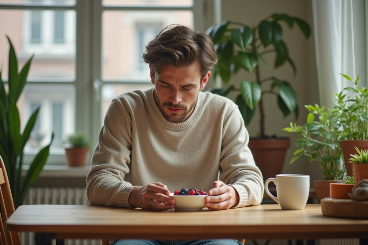 Jeune homme avec yogourt et fruits dans la salle à manger