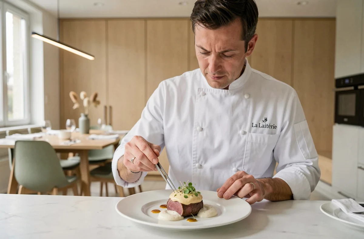 Chef de La Laiterie à Lambersart dressant une assiette gastronomique raffinée dans un cadre contemporain épuré
