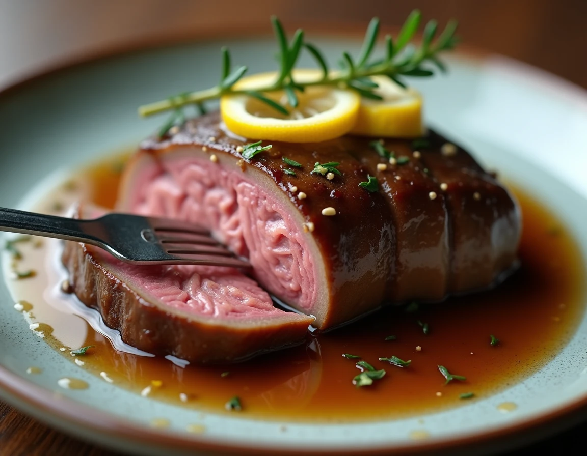 Gros plan sur une tranche de langue de bœuf braisée nappée d'une réduction au vin blanc et aux herbes dans une assiette vintage
