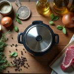 Cocotte minute entourée de langue de bœuf crue et d'aromates frais sur un plan de travail rustique en bois