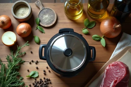 Cocotte minute entourée de langue de bœuf crue et d'aromates frais sur un plan de travail rustique en bois