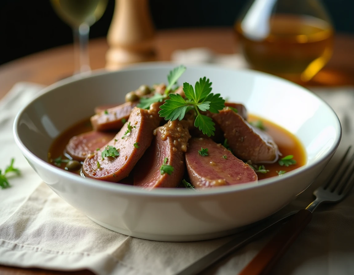 Langue de bœuf tranchée en sauce vin blanc et aromates servie dans un plat en céramique blanche