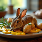 Plat de lapin à la moutarde servi sur une assiette en céramique rustique