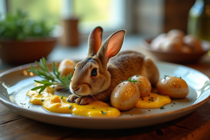 Plat de lapin à la moutarde servi sur une assiette en céramique rustique