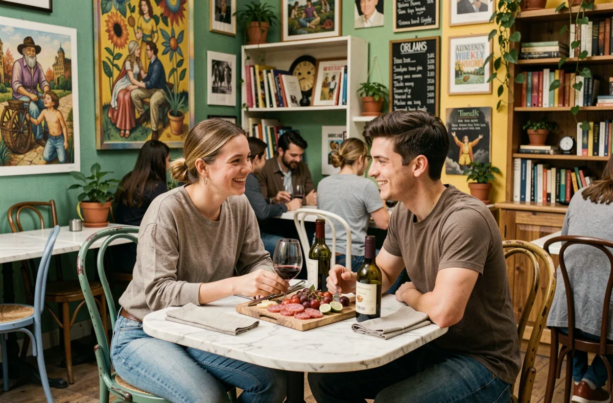 Couple partageant une planche de charcuterie et vin nature au Chien Fou à Orléans, dans une ambiance bistrot bohème et colorée