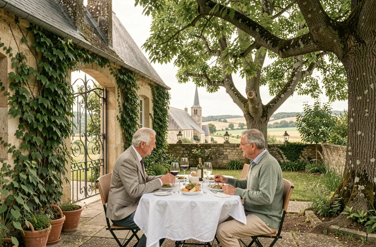 Terrasse bucolique du Presbytère à Lecelles avec un couple attablé sous les tilleuls dans un cadre de village authentique