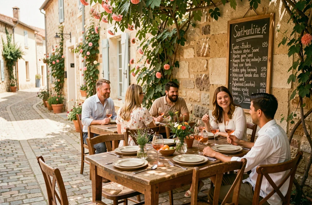 Terrasse du restaurant Le Serghi à Saint-Martin-de-Ré avec tables en bois rustique et façade en pierre fleurie dans une ruelle pavée