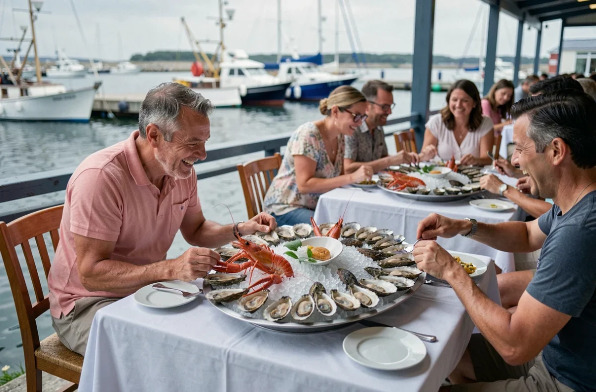 Plateau de fruits de mer servi en terrasse à L'Écailler à La Flotte-en-Ré avec le port de pêche en arrière-plan