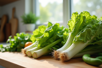 Légumes frais avec laitue et poireaux sur plan de travail