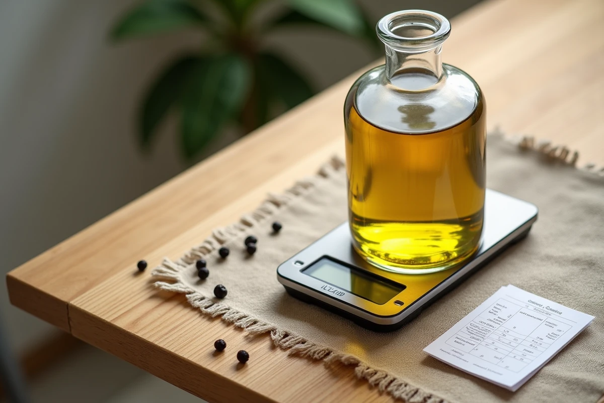 Bouteille d'huile d'olive d'un litre posée à côté d'une balance numérique et d'un tableau de conversion litre en kilogramme sur une table en bois