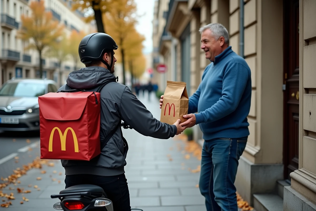 Livreur remettant une commande McDonald's à domicile devant un immeuble résidentiel urbain
