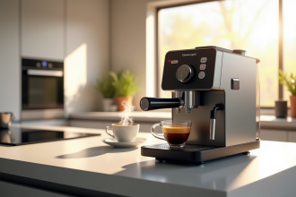 Machine expresso Delonghi moderne dans une cuisine lumineuse
