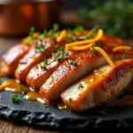Magret de canard tranché nappé d'une sauce à l'orange bigarade brillante sur ardoise noire rustique, garni de zestes confits et de thym frais
