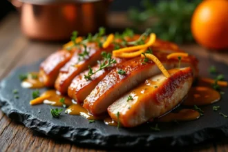 Magret de canard tranché nappé d'une sauce à l'orange bigarade brillante sur ardoise noire rustique, garni de zestes confits et de thym frais