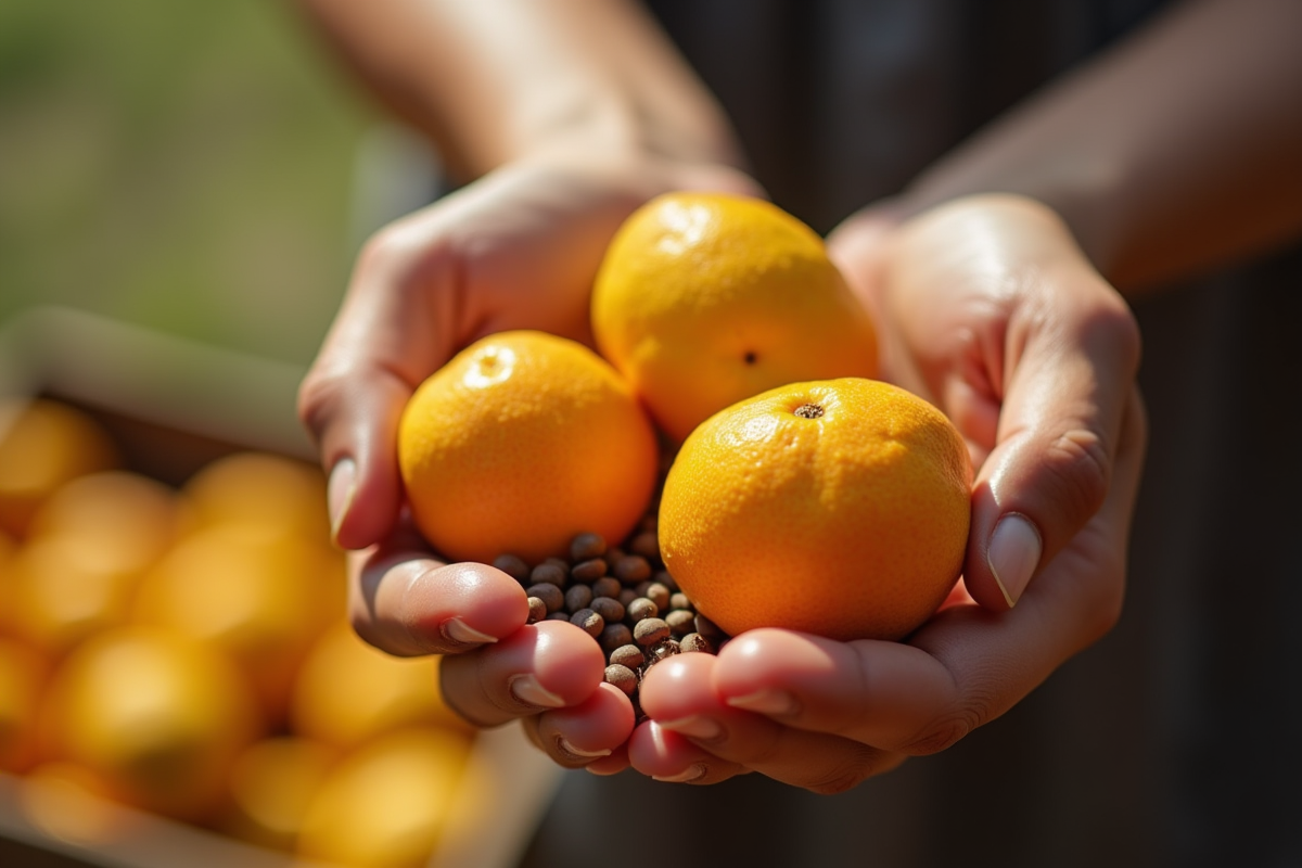 Mains tenant un ugli fruit et des urad beans au marché