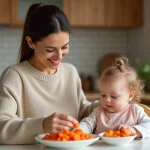 Maman souriante écrasant des carottes avec son bébé dans la cuisine