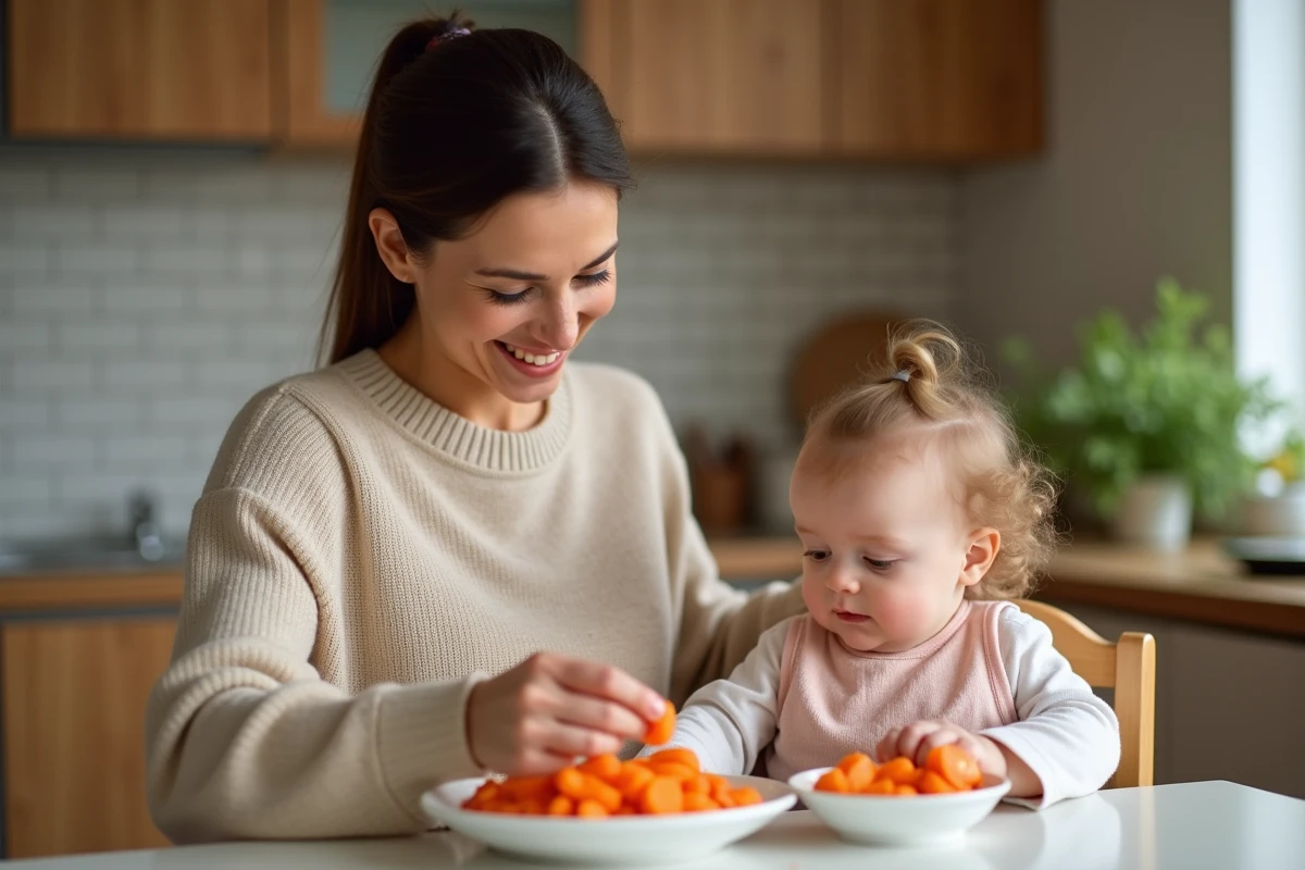 Maman souriante écrasant des carottes avec son bébé dans la cuisine