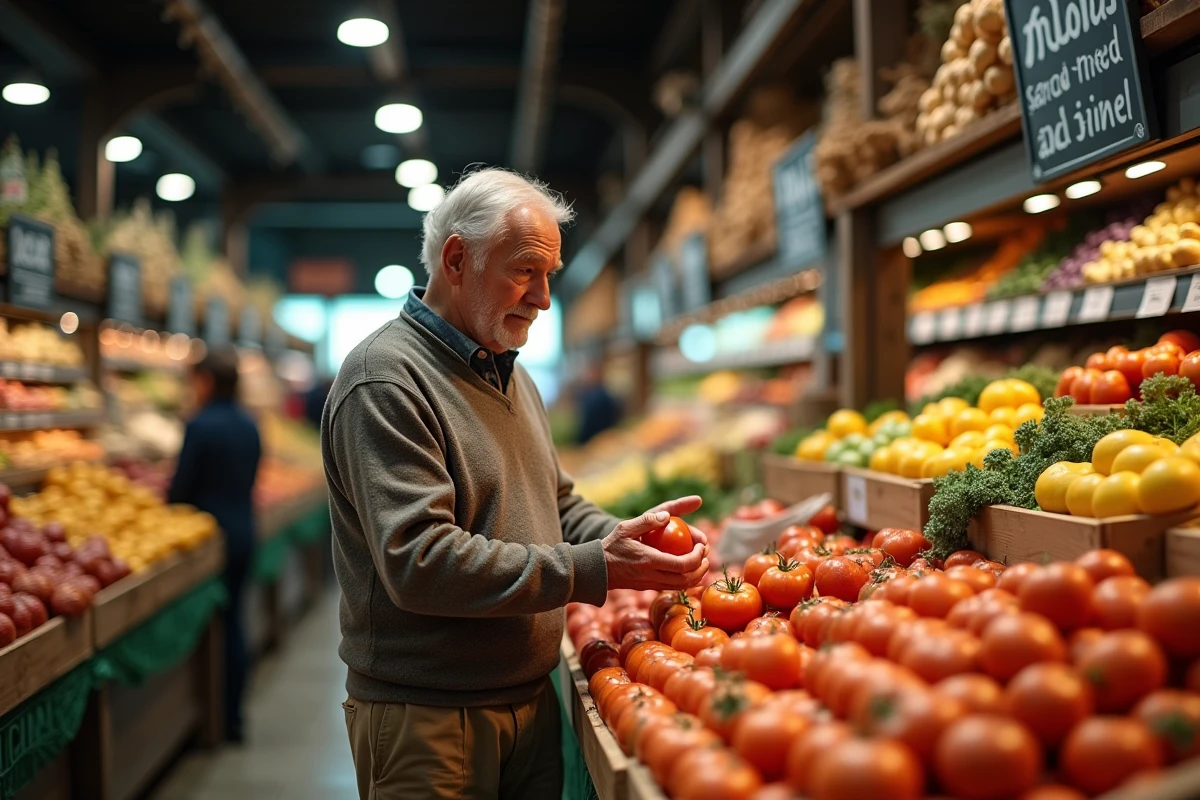 Homme âgé achetant des tomates dans un marché local