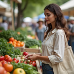 Femme choisissant des légumes bio au marché en plein air