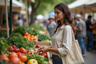 Femme choisissant des légumes bio au marché en plein air