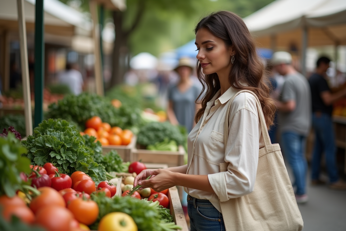 Femme choisissant des légumes bio au marché en plein air