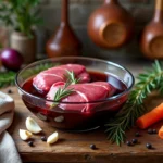 Épaule de chevreuil marinant dans du vin rouge avec herbes et légumes aromatiques dans un bol en verre, vue de dessus sur une table en bois rustique