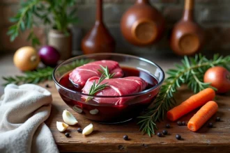Épaule de chevreuil marinant dans du vin rouge avec herbes et légumes aromatiques dans un bol en verre, vue de dessus sur une table en bois rustique