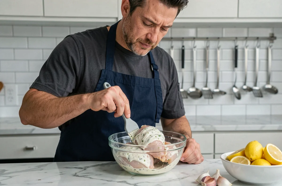 Chef marinant des cuisses de poulet dans un bol en verre avec une marinade au yaourt et aux herbes