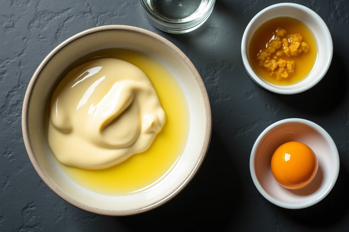 Mayonnaise ratée et séparée dans un bol en céramique avec ingrédients pour la rattraper disposés sur ardoise