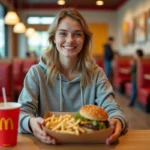 Jeune femme mangeant un menu McDonald's dans un restaurant, avec burger, frites et boisson sur plateau