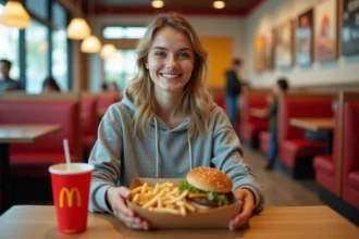 Jeune femme mangeant un menu McDonald's dans un restaurant, avec burger, frites et boisson sur plateau