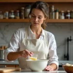Femme en tablier blanc mesurant précisément 10 ml de liquide dans une cuisine maison avec des ustensiles de cuisine et une fiche de recette