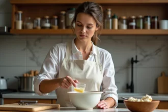 Femme en tablier blanc mesurant précisément 10 ml de liquide dans une cuisine maison avec des ustensiles de cuisine et une fiche de recette