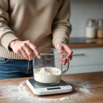 Femme mesurant de la farine dans la cuisine