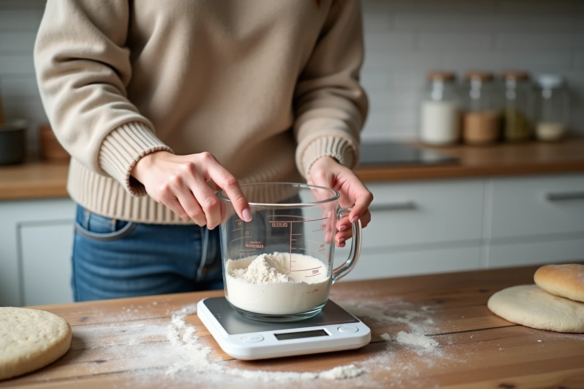 Femme mesurant de la farine dans la cuisine