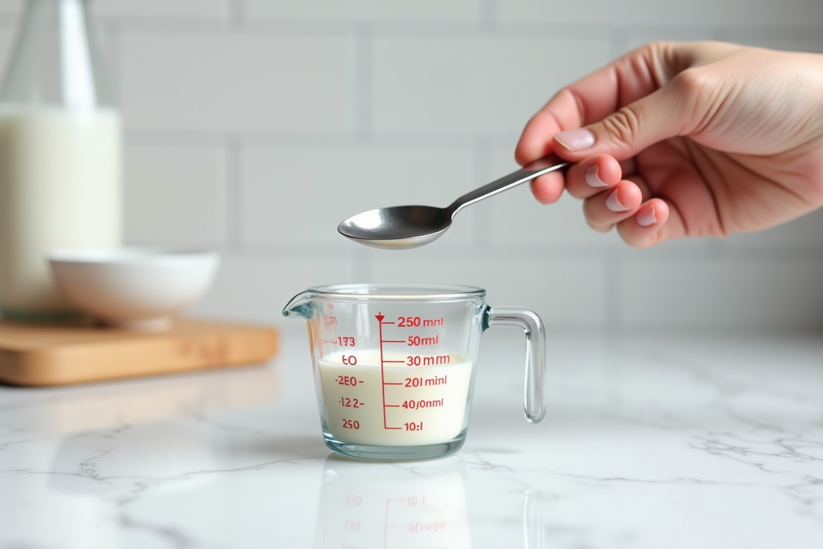 Main tenant une cuillère doseuse de 20 ml sur un plan blanc lumineux