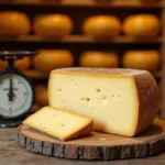 Meule de Beaufort posée sur une planche en bois avec une balance vintage dans une fromagerie traditionnelle