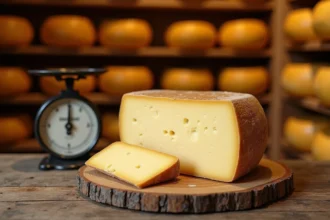 Meule de Beaufort posée sur une planche en bois avec une balance vintage dans une fromagerie traditionnelle