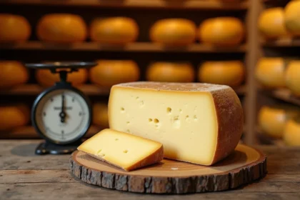 Meule de Beaufort posée sur une planche en bois avec une balance vintage dans une fromagerie traditionnelle