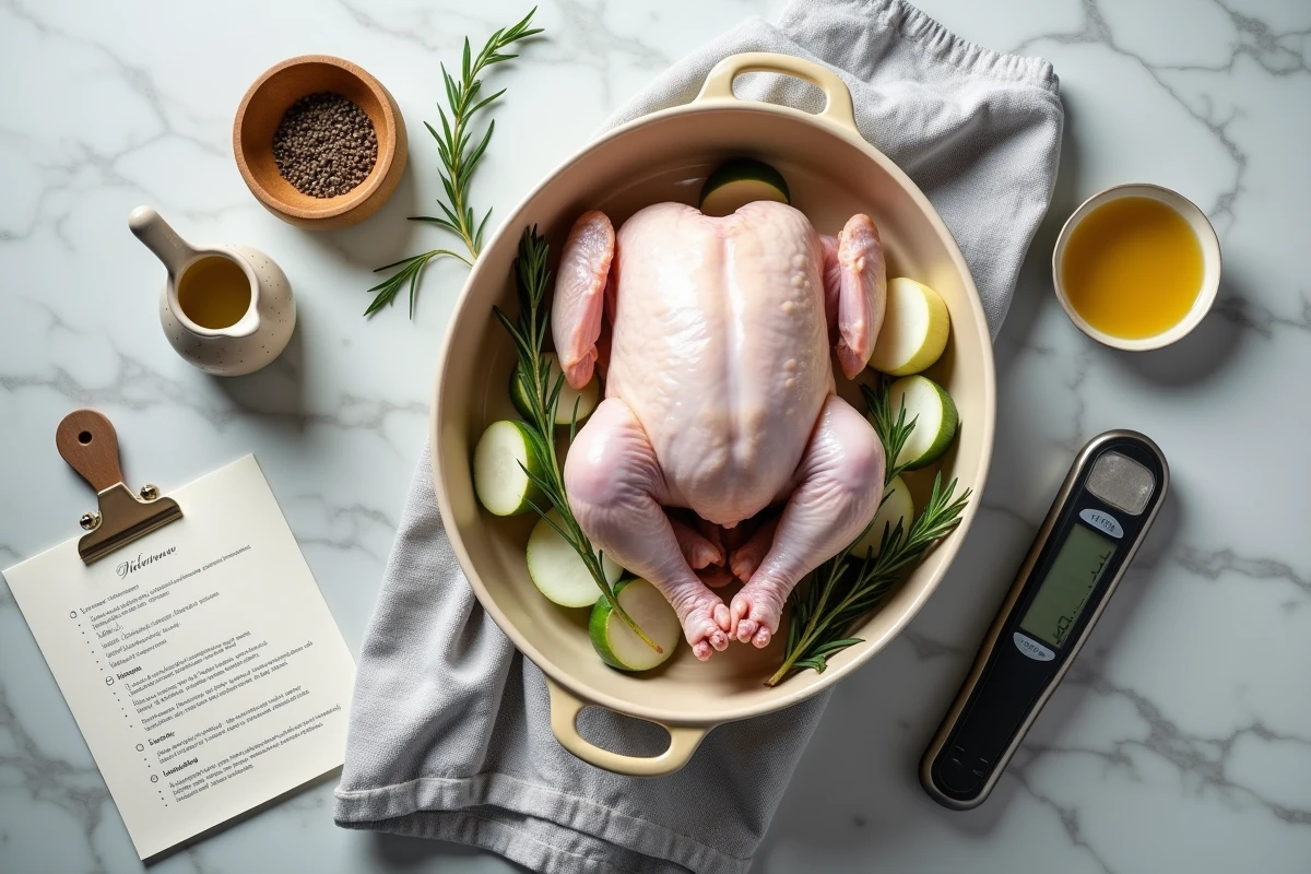 Vue de dessus d'une mise en place pour cuire un poulet au four avec thermomètre sonde, herbes fraîches et fiche de température