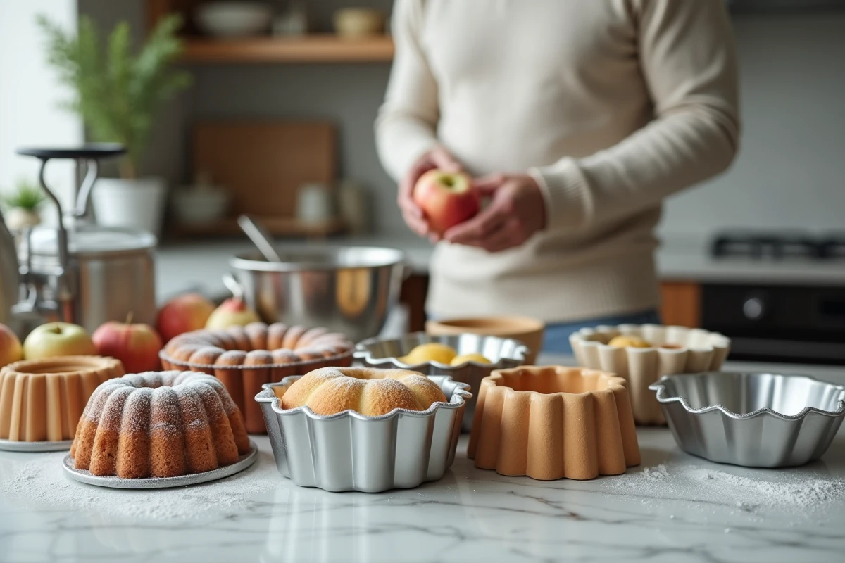 Assortiment de moules à pâtisserie avec pommes en préparation