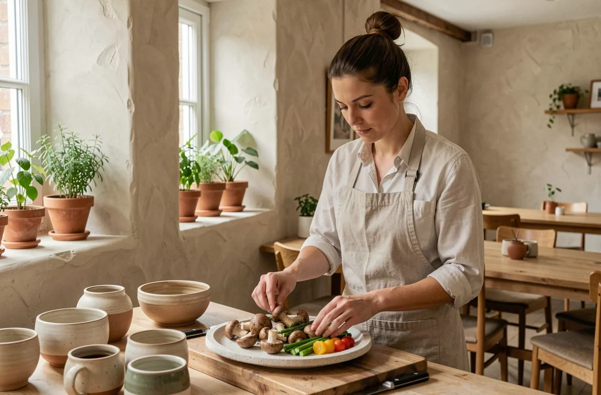 Cheffe du restaurant Nature à Armentières dressant un plat végétal et sauvage dans un cadre épuré aux accents naturels